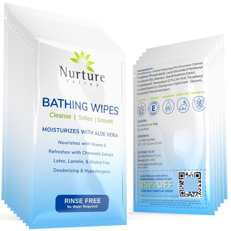 Nurture Rinse Free Bathing Wipes for Adults wAloe Waterless Cleansing for sensitive skin Disposable Adult Body Bath Wet Wipe for Disabled Bedridden Pack of 40 individually wrapped